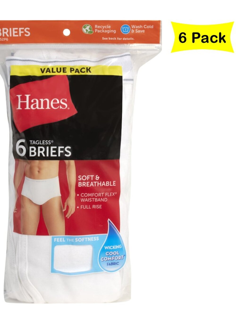 Hanes Men's Value Pack White Briefs, 6 Pack